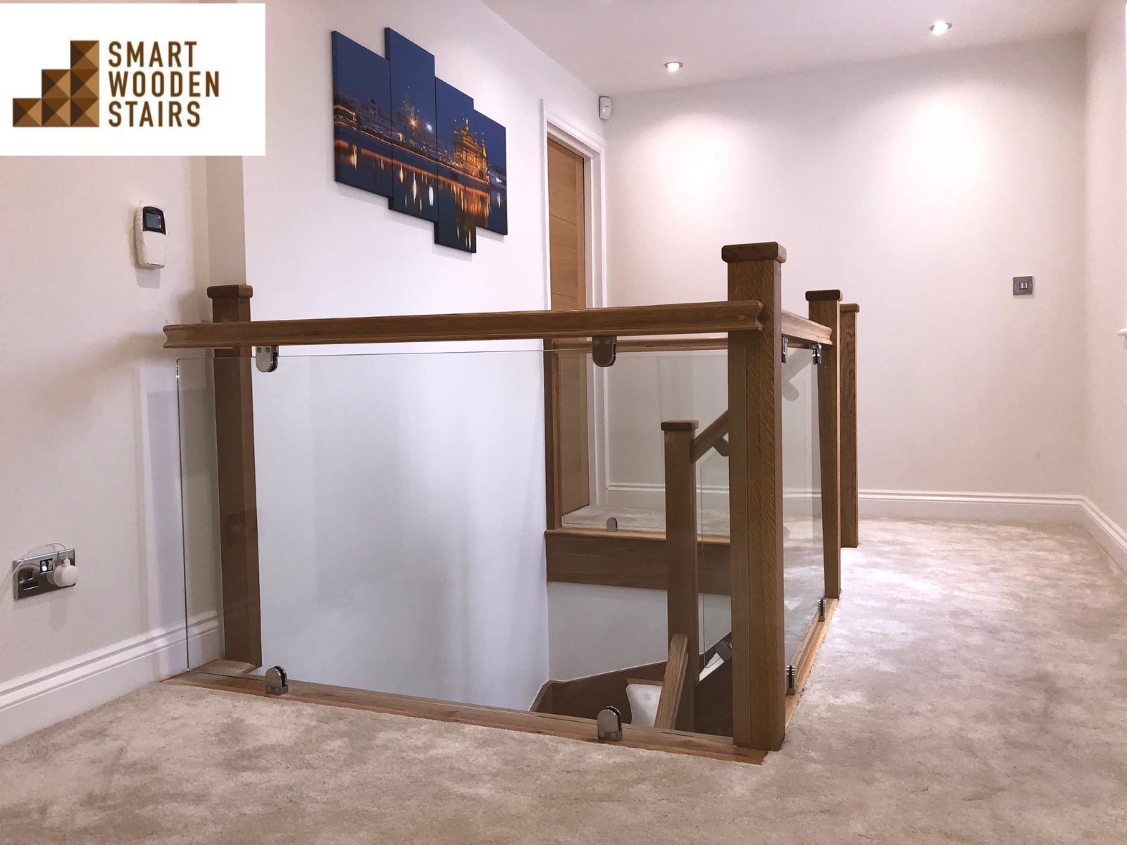 Oak handrail oak post oak cap with glass